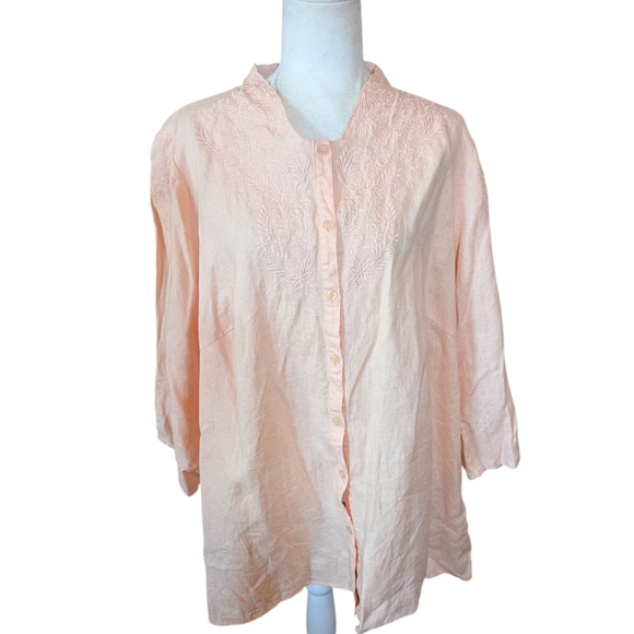 Peach Linen Tunic Lucy & Laurel Embroidered Button Up Flowy Blouse sz 3X - Picture 1 of 8